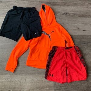 Youth L Boys Lot: Red Under Armor Shorts, Black Nike Shorts, Orange Puma Hoodie